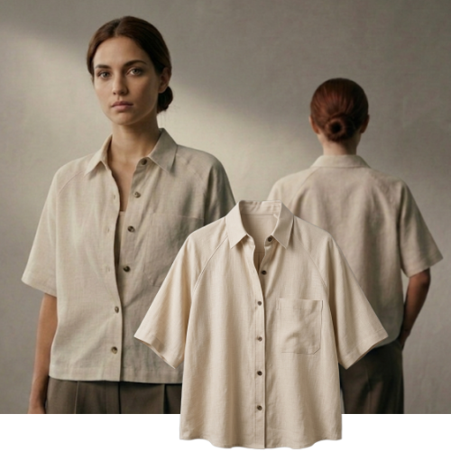 Camisa de mujer — tres vistas: frente, lateral y espalda